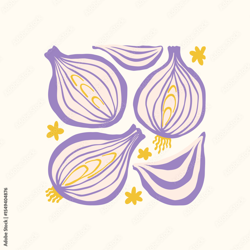 Obraz premium Abstract fruits and vegetables elements. Modern trendy minimalist. Healthy Food. Hand drawn design for wallpaper, wall decor, print, postcard, cover, template, banner.