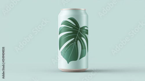 Wallpaper Mural Beverage can featuring tropical leaf design on a soft pastel background, showcasing modern packaging aesthetics and appealing visual elements for product marketing Torontodigital.ca