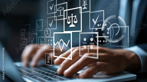 Corporate Compliance and Regulation: A businessman using a laptop to manage legal regulations and company policy on a virtual screen with a checklist. Looping video.