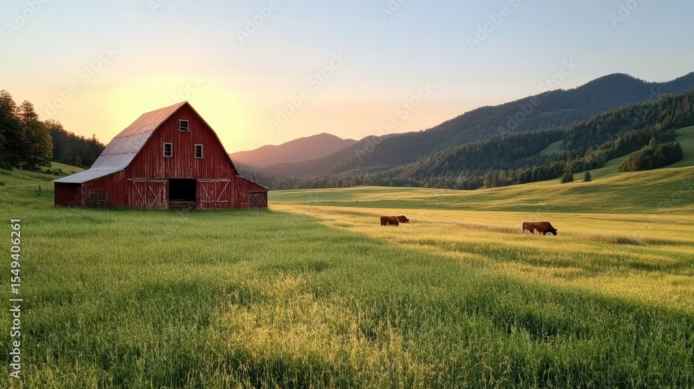 This breathtaking image captures a picturesque rustic red barn set against rolling hills and a golden sunrise, creating a serene countryside scene that embodies natural beauty and tranquility. This breathtaking image captures a picturesque rustic red barn set against rolling hills and a golden sunrise, creating a serene countryside scene that embodies natural beauty and tranquility.