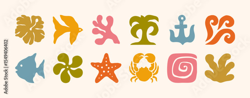Boho Groovy Summer Icons in Retro Style. Vector Abstract Square Tropical Illustrations in Freehand. Geometric Bird, Sun, Sea Wave, Palm, Flower, Crab, Fish for Logo, Patterns, T-Shirt Print, Stickers