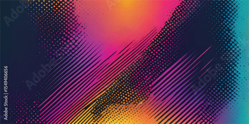 Abstract colourful rainbow background with a halftone pattern design featuring dots, circles, and light waves for a vibrant digital art wallpaper