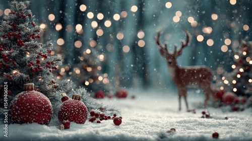 Enchanting christmas forest scene with deer and sparkling decorations