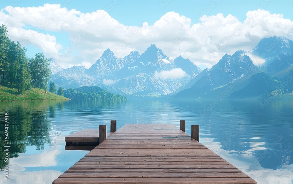 Obraz premium Tranquil lake with a wooden dock and mountains in the background