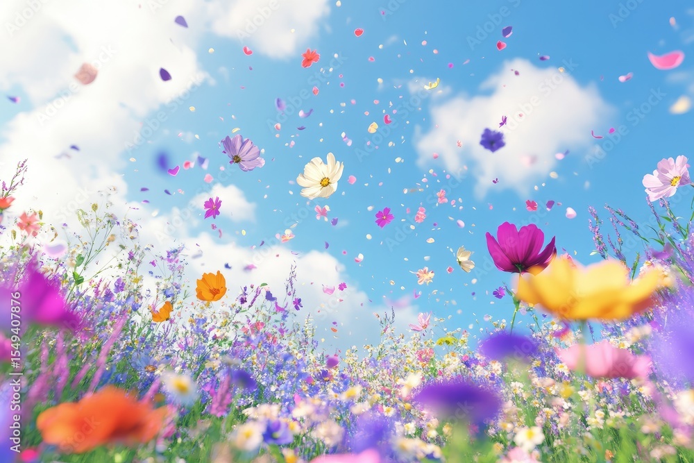 Vibrant meadow flowers under a breezy sky Vibrant meadow flowers under a breezy sky