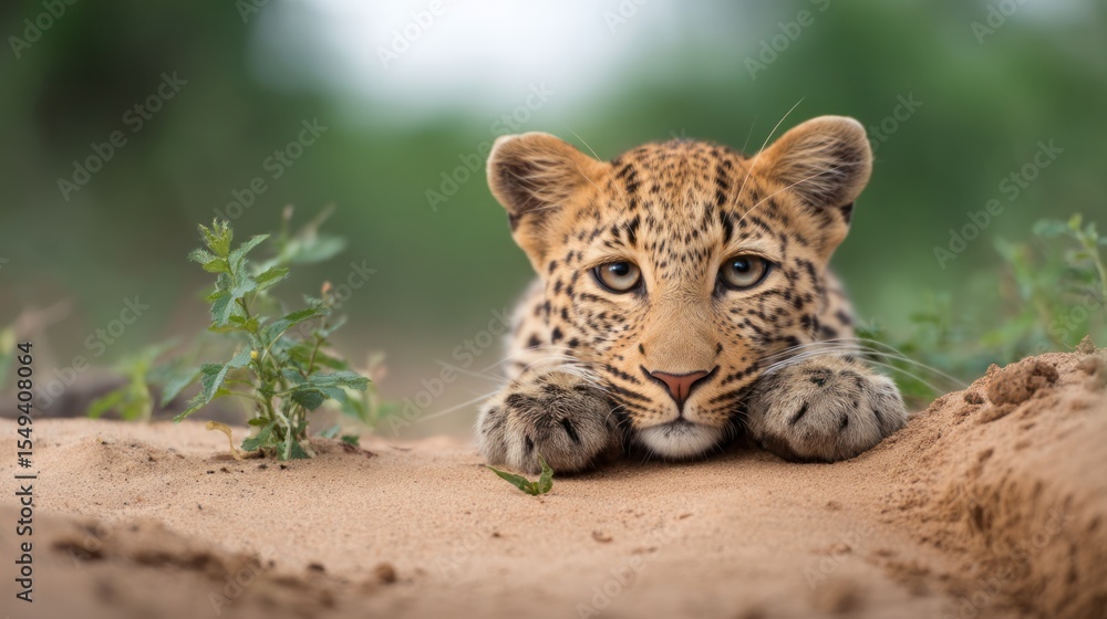 Obraz premium Young leopard peeking from sand