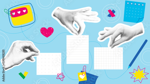 Contemporary collage making notes. Set of hands halftone holding sheets of paper, on background of stationery, pins and stickers. Horizontal banner retro collage style, vector graphics