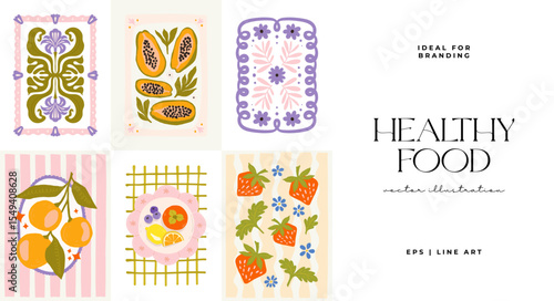 Abstract fruits and vegetables elements. Modern trendy minimalist. Healthy Food. Hand drawn design for wallpaper, wall decor, print, postcard, cover, template, banner.