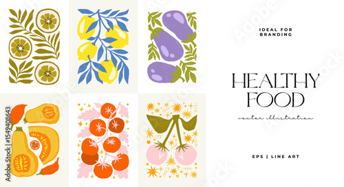 Abstract fruits and vegetables elements. Modern trendy minimalist. Healthy Food. Hand drawn design for wallpaper, wall decor, print, postcard, cover, template, banner.