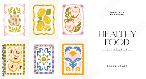 Abstract fruits and vegetables elements. Modern trendy minimalist. Healthy Food. Hand drawn design for wallpaper, wall decor, print, postcard, cover, template, banner.