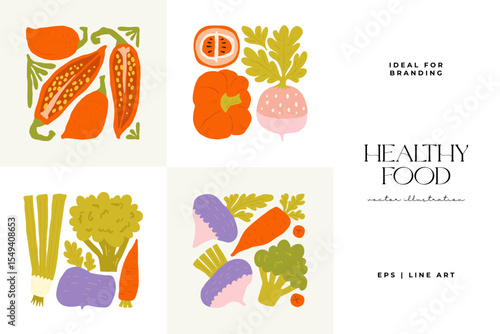 Abstract fruits and vegetables elements. Modern trendy minimalist. Healthy Food. Hand drawn design for wallpaper, wall decor, print, postcard, cover, template, banner.