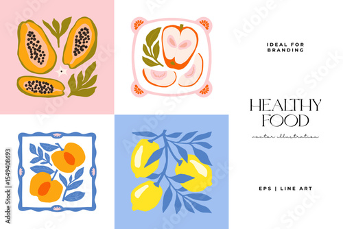Abstract fruits and vegetables elements. Modern trendy minimalist. Healthy Food. Hand drawn design for wallpaper, wall decor, print, postcard, cover, template, banner.