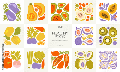 Abstract fruits and vegetables elements. Modern trendy minimalist. Healthy Food. Hand drawn design for wallpaper, wall decor, print, postcard, cover, template, banner.