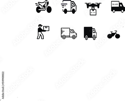Delivery service icons showing a person with a box drone trucks and bikes in black and white style