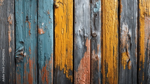 Rustic wood plank wall with faded paint gradient from teal to mustard and soft texture