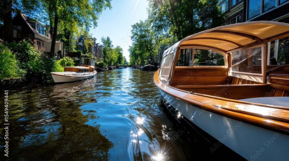Obraz premium A serene view of a picturesque canal adorned with charming boats and lush greenery, symbolizing tranquility and the beauty of nature intertwined with urban settings.