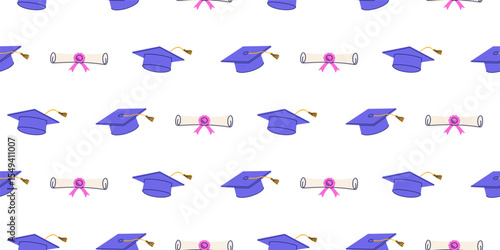 Seamless Pattern With Purple Graduation Hats And Diplomas Arranged On White Background. Graduation Celebration And Education Concept For Wallpaper And Print.