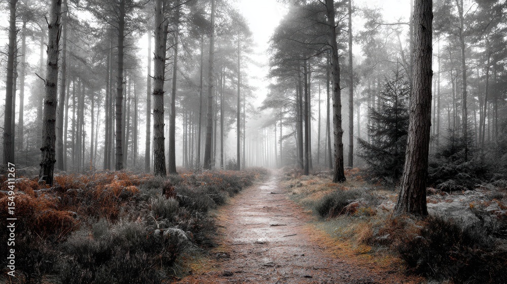 Fototapeta premium Silent empty forest path seen through mist