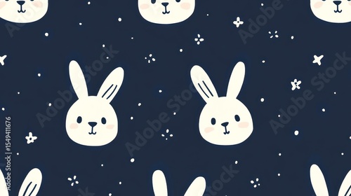 Cute rabbit faces repeat pattern on dark background