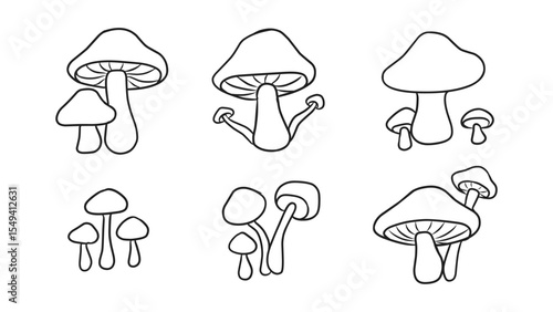 Collection of Various Hand-Drawn Mushroom Illustrations in Outline Style for Nature Designs