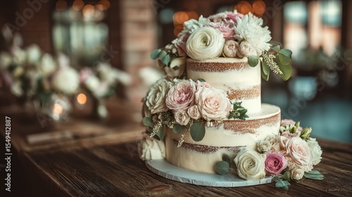 Two tiered semi naked cake is displayed with roses and foliage on a rustic wooden table for a reception at a wedding or other celebration event
