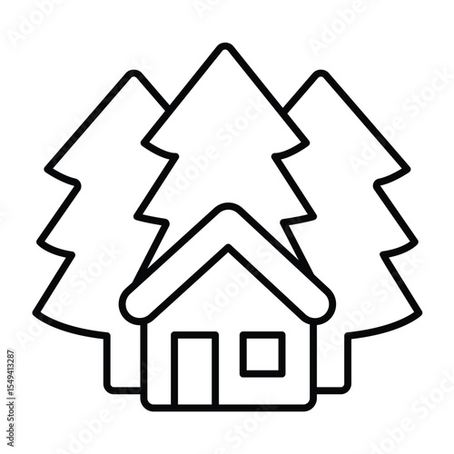 Forest watcher cabin thin line icon, eco tourism concept. Vector graphics. House and forest trees sign on white background, style mobile or design.