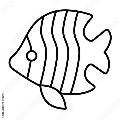 Tropical fish thin line icon, eco tourism concept. Vector graphics. Underwater rare striped fish, fishery sign on white background, style mobile or design.