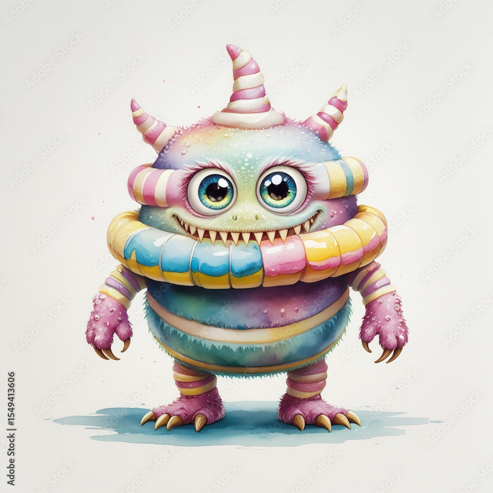 A watercolor illustration of cute cheerful Helloween candy monster, isolated on white background. Helloween holidays, children parties. A watercolor illustration of cute cheerful Helloween candy monster, isolated on white background. Helloween holidays, children parties.