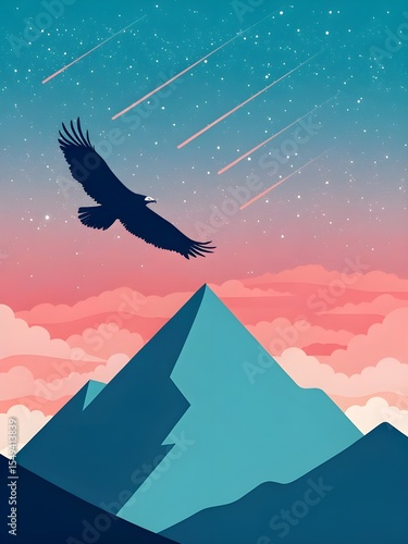 Eagle Soaring Over a Mountain Peak with a Starry Sky and Shooting Stars