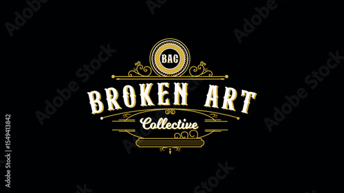 Vintage handcrafted logo design for Broken Art Collective with retro typography and ornate gold flourishes on black background for artistic branding and identity