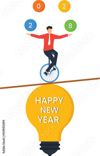 Businessman Juggling Numbers on Unicycle above Happy New Year Light,New Year, Businessman, Unicycle, Juggling, Balance, Goals, Achievement, Success, Planning, Strategy, Vision, Future, 2024,
