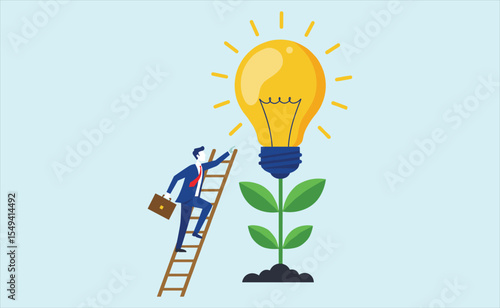Entrepreneur Climbing Ladder Towards Growing Lightbulb Idea: Symbolizing Innovation, Business Growth, and The Pursuit of Bright Concepts