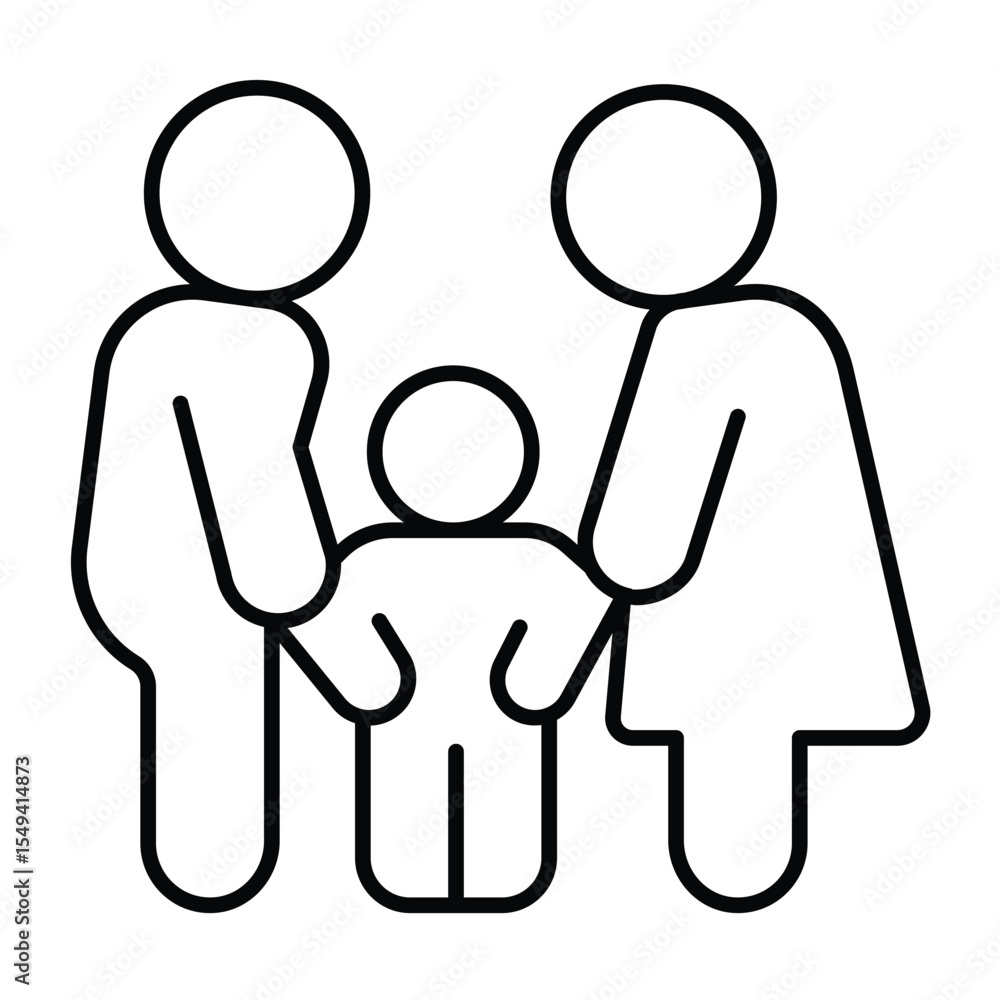 Fototapeta premium Family with child thin line icon, charity concept. Vector graphics. Man with woman and child sign on white background, style mobile or design.