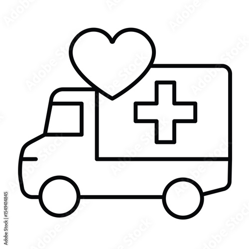 Humanitarian aid truck thin line icon, charity concept. Vector graphics. Charity vehicle with cross and heart sign on white background, style mobile or design.