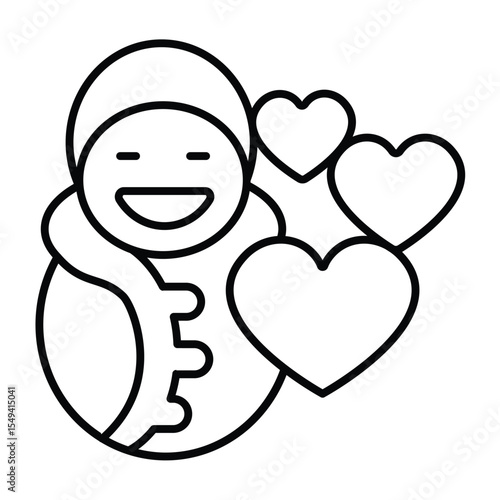 Baby child in swaddling clothes and hearts thin line icon, charity concept. Vector graphics. Children clothes donations sign on white background, style mobile or design.