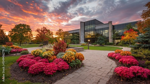 Lush autumnal landscaping surrounds a modern office building at sunset
