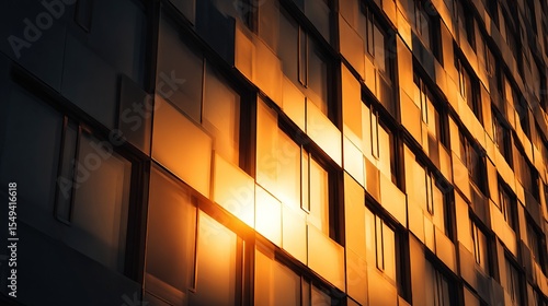 Modern building facade with golden sunset light illuminating rectangular windows