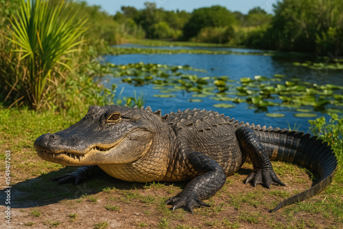 Sun-soaked American alligator rests by lily-covered wetland, highlighting powerful reptile and Everglades ecosystem, generative AI