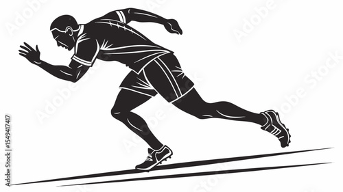 Silhouette of a sprinter in motion with arm extended and legs in stride on a black and white background