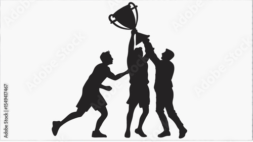 Three silhouetted figures holding up a trophy in celebration of their victory as a team together