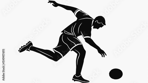 Silhouette of a soccer player kicking a ball with outstretched arms and bent knee on a white background