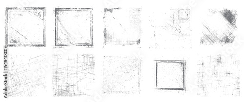Distressed grunge frame texture pack with vintage square borders and abstract overlays. Unique hand drawn effects, scratches, and rough edges for posters, photos