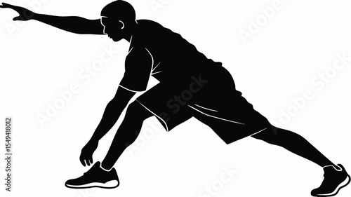 Silhouette of a man stretching with one arm extended and the other reaching down to his shoe laces