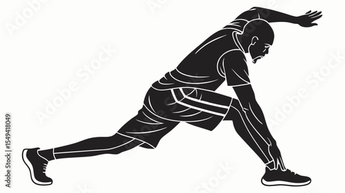 Man in athletic stance stretching with arm extended and leg lunging forward in black and white design