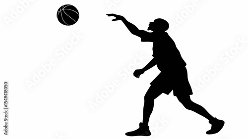 Silhouette of a basketball player in action throwing a ball with an outstretched arm on a white background