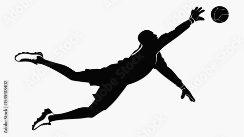 Silhouette of a soccer goalkeeper diving to catch a ball in a dynamic action shot on white background