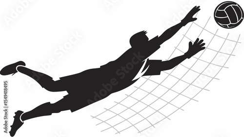 Silhouette of a goalkeeper diving to catch a ball near a net in a dynamic action shot design