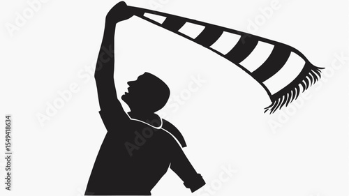 Silhouette of a man raising a striped scarf in celebration against a white background design element