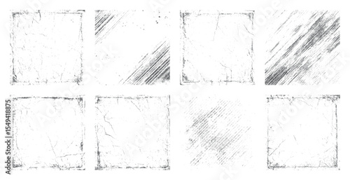 Set of grunge square frame textures for creative design. Distressed abstract borders with scratched vintage effect for posters, flyers, and photo overlays. 