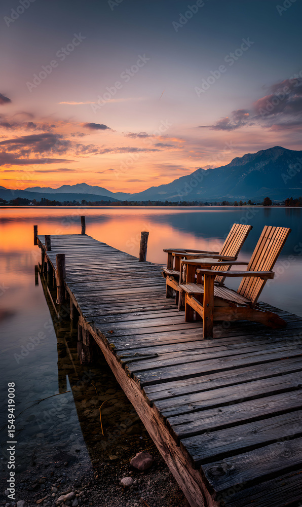 Obraz premium Tranquil serenity embraces the still lake with wooden chairs on the pier at golden hour hues nature invites relaxation in a scenic lakeside vista